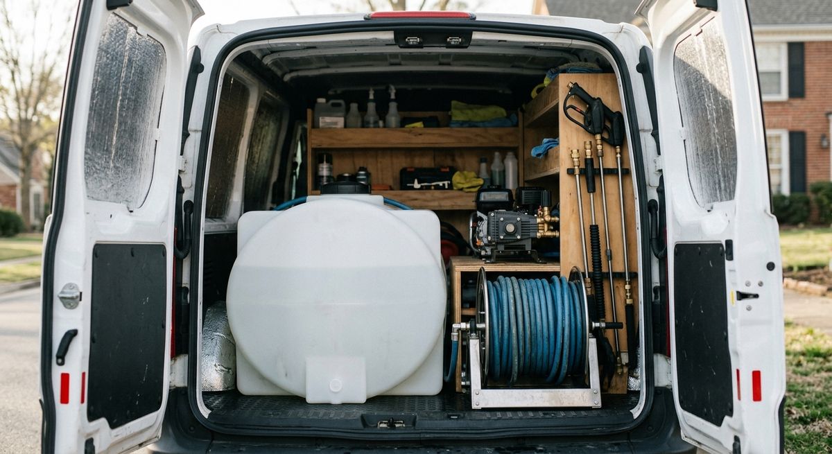 Open back of a work van with a white water tank, coiled high-pressure hose on a reel, and spray wands racked