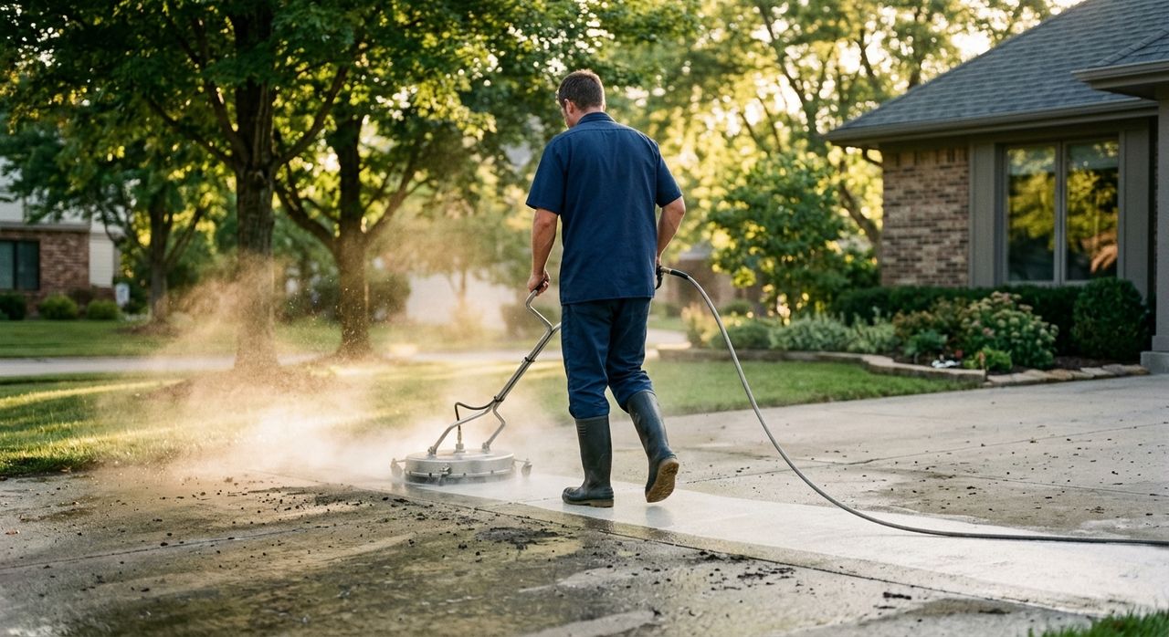 Worker in navy uniform running a wide surface cleaner across a concrete driveway in low evening light