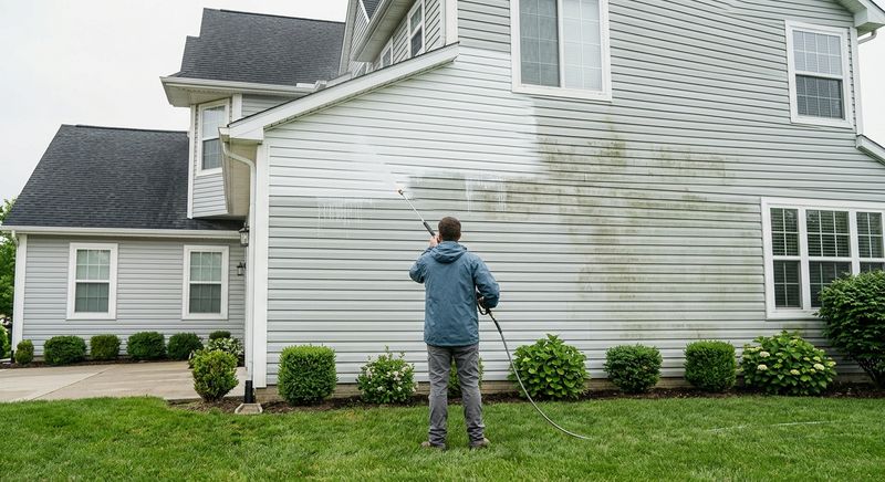 Worker soft washing the siding of a two-story house, a clean section beside a green-stained section